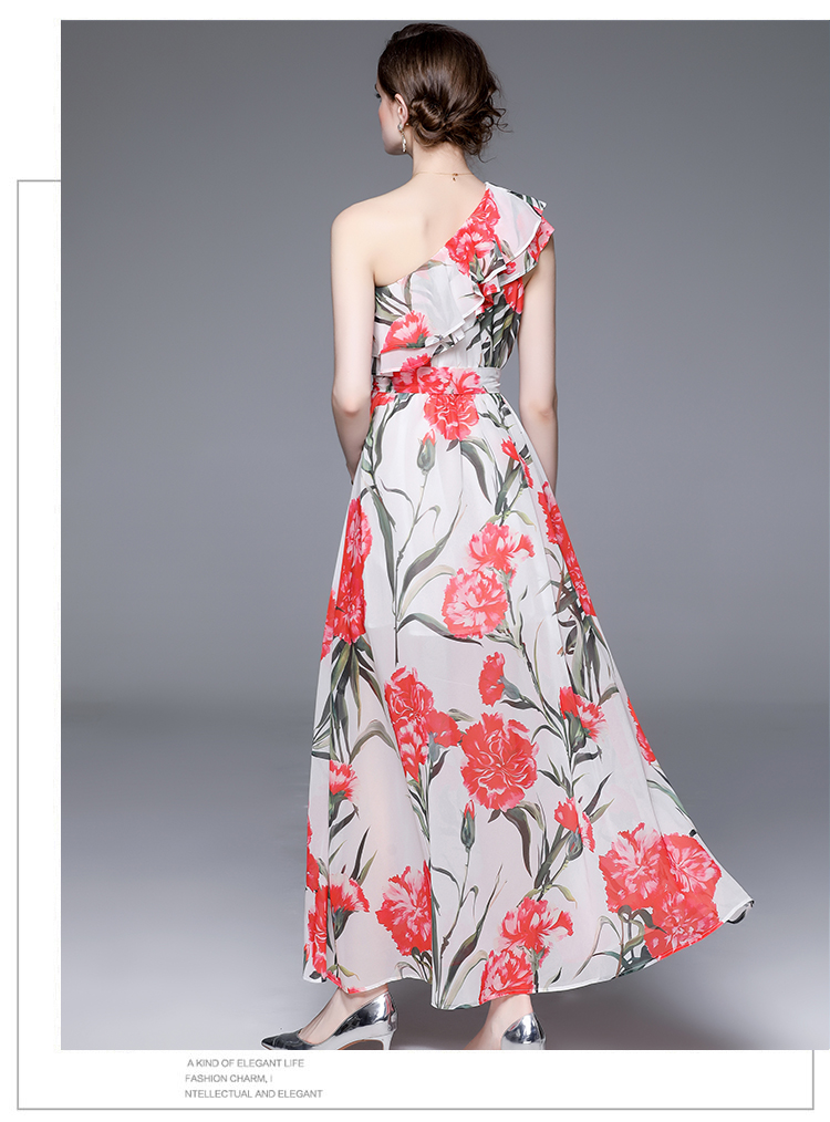 Casual Dresses 2023 One Shoulder Bohemain Long Dress Summer Women Clothes Runway Ruffles Oblique Rose Flower Print Sashes Chiffon Dress