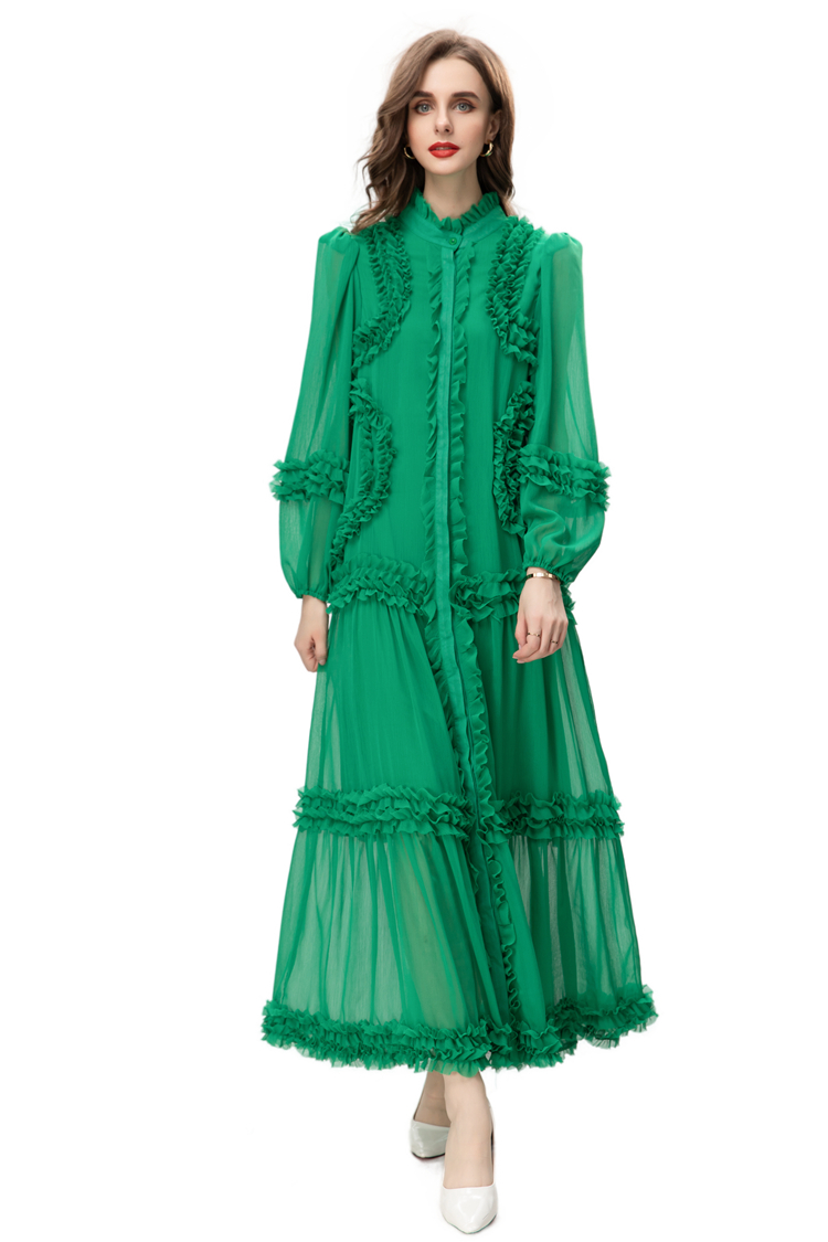 Kvinnors banor klänningar står krage långa ärmar rufsar enda bröst tiered elegant designer vestidos