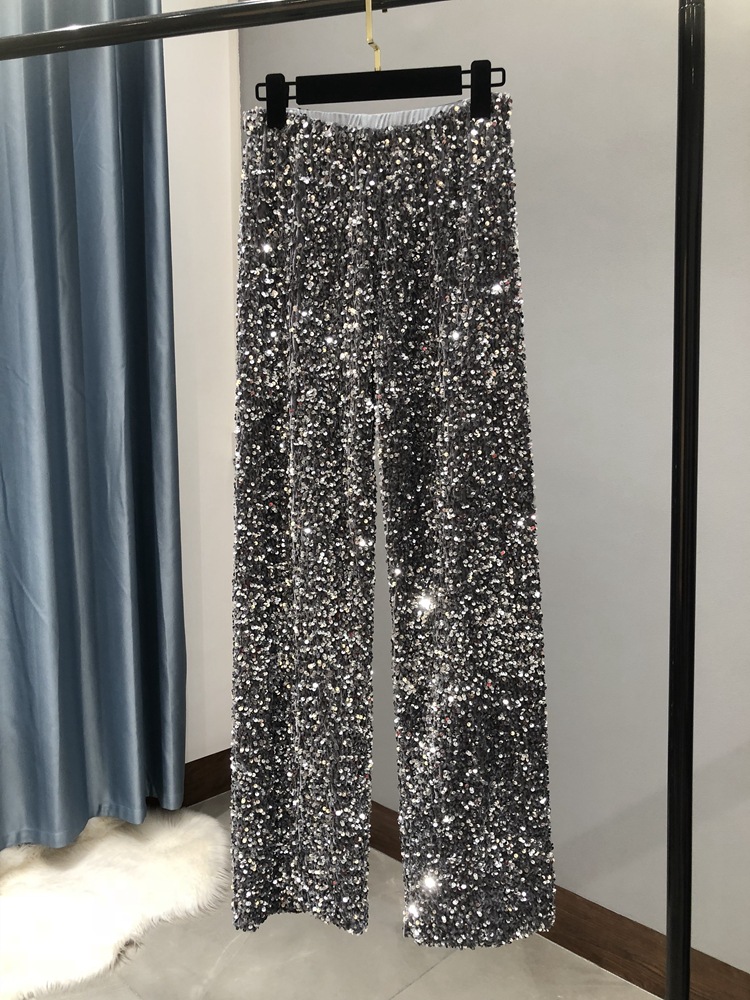 Pantaloni larghi alla moda con paillettes in velluto spesso autunno inverno Pantaloni taglie forti Pantaloni dritti estesi lucidi