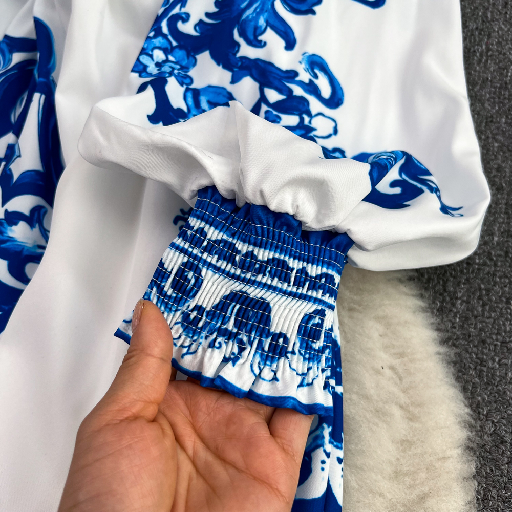 Sukienki swobodne 2023 Spring Summer Runway Blue and White Porcelain Print Dress Women Veck Długie Latarni Rękaw wysoki talia