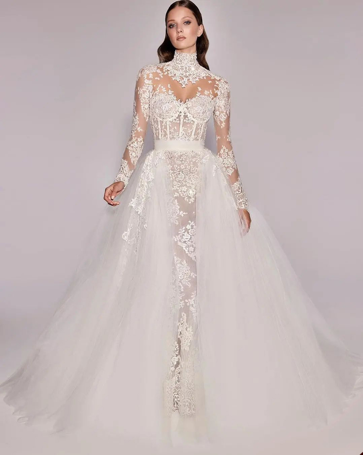 Abito da sposa principessa con applicazioni in pizzo collo alto illusione manica lunga vestido novia abiti da sposa a sirena