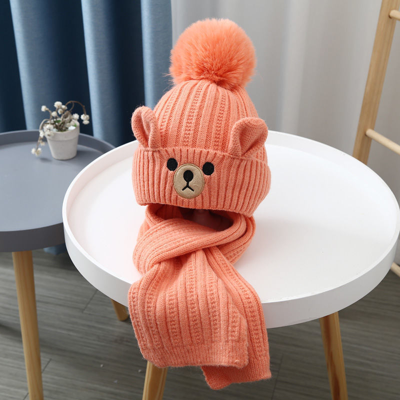 Mignon dessin animé enfants chapeau écharpe ensemble hiver tricoté laine enfants chaud ours pull chapeau écharpe 3-10Y df319