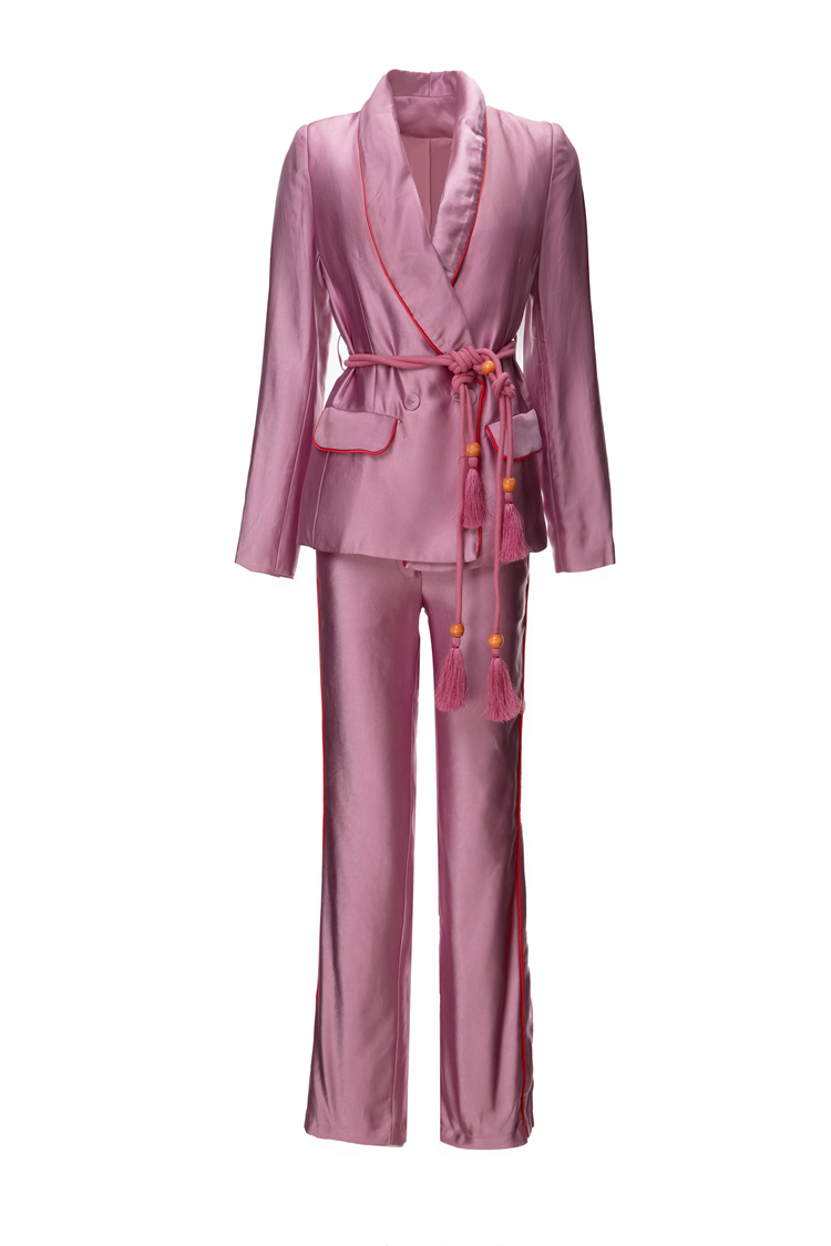 Driedelige damesbroeksets, kraagvorm, lange mouwen, biesblazer met bindende broek, mode-tweelingset