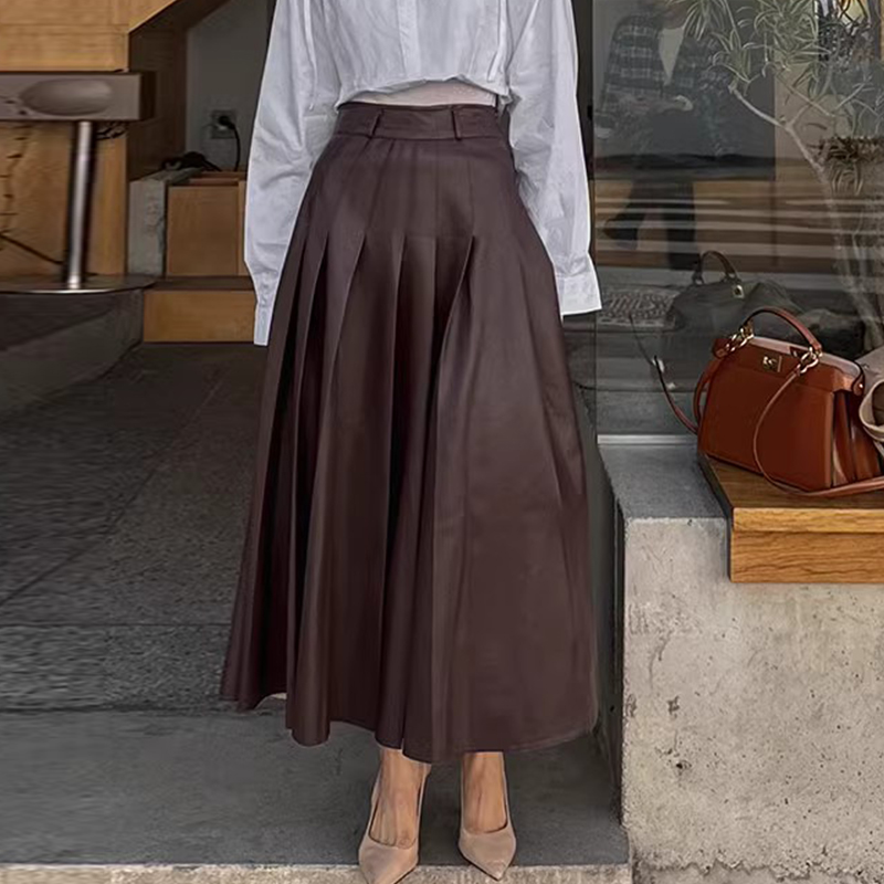 Jupe longue plissée en cuir PU pour femmes, taille haute, robe de bal, SML