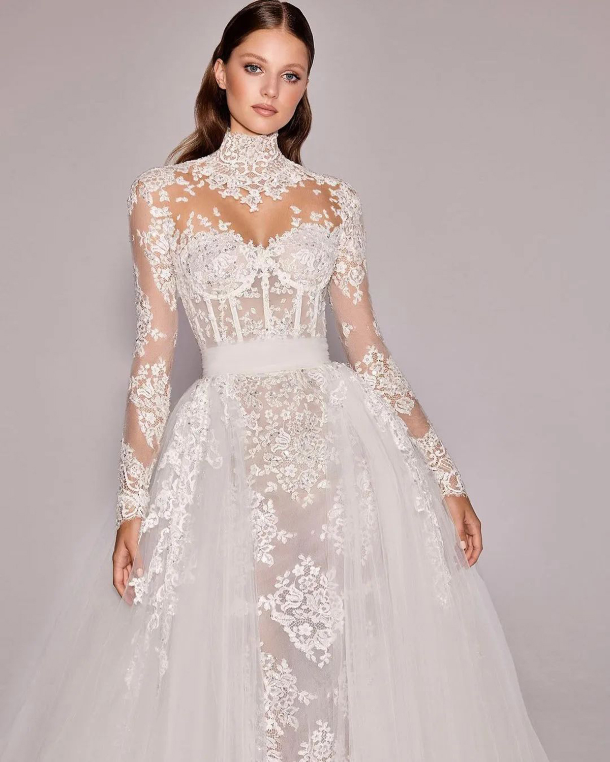 Свадебное платье принцессы с кружевной аппликацией и высоким воротом, иллюзия и длинный рукав, Vestido Novia, свадебные платья русалки
