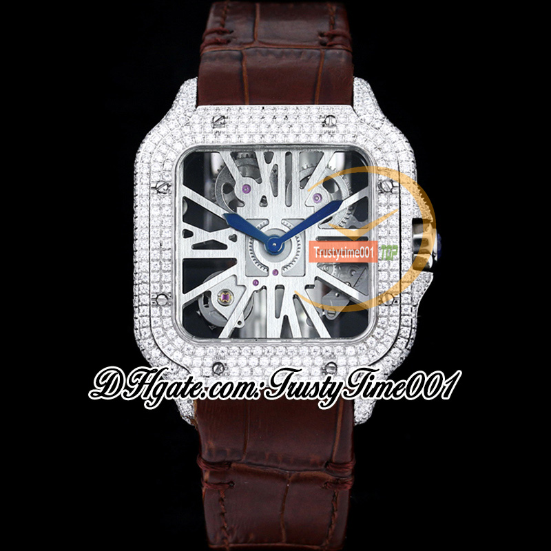 TWF TWE0008 Swiss Ronda 4S20 Relógio masculino de quartzo totalmente gelado moldura de diamantes grandes marcadores romanos mostrador esqueleto pulseira de couro marrom Super Edition trustytime001Relógios