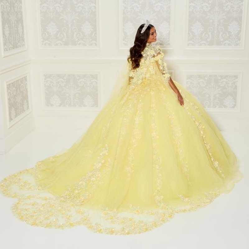 Yellow Quinceanera Dresses With Cape 2024 Sequins Beads 3D Flowers With Cape Princess Sweet 16 Gown Vestidos De 15 Anos