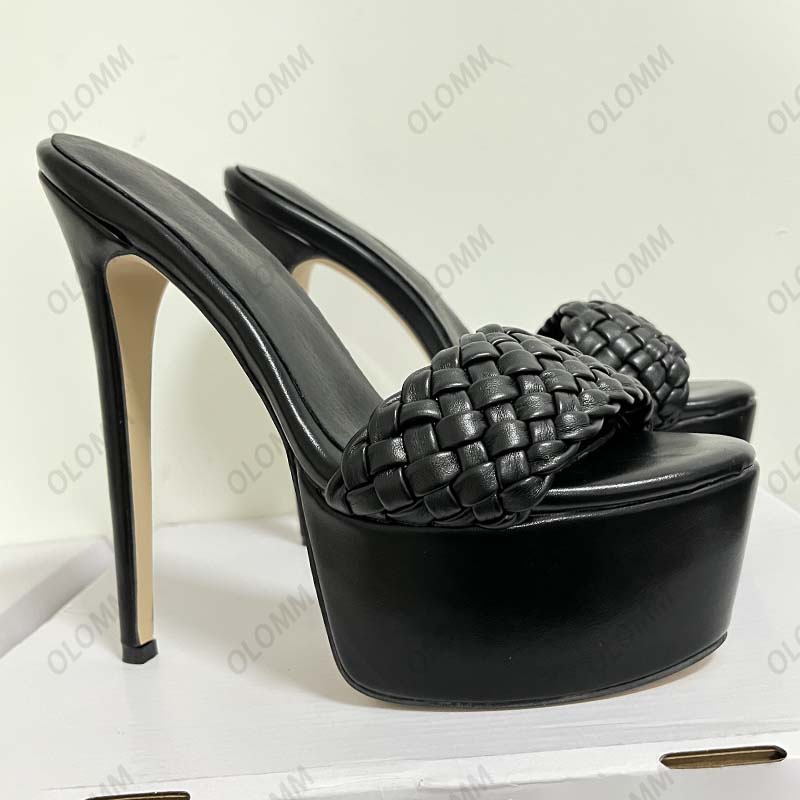 Olomm High Quality Women Summer Sandals Stiletto Heels Open Toe Elegant Black Ladies Party Shoes US Size 35 43 44 45 46 47