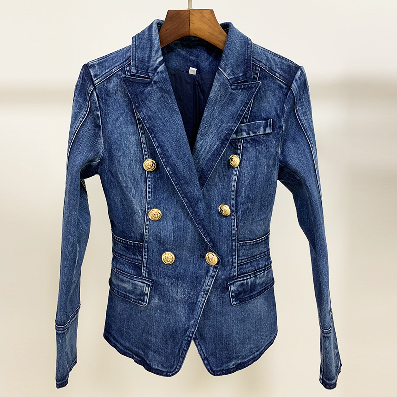 2023 Fashionable Double Breasted Lion Button Washed Denim Suit Slimming Women Jacket 1115