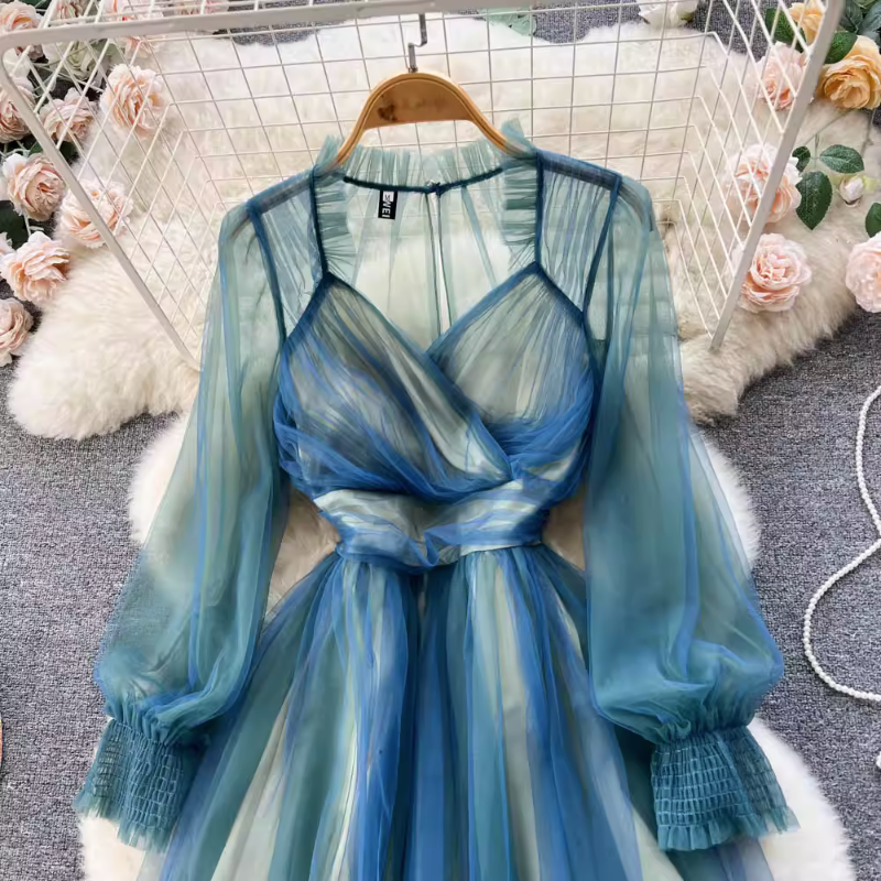 Casual Dresses Elegant Robes 2023 Spring Autumn French Vintage Long Dress Femme Fairy Mesh V-Neck Thin Puff Sleeve First Love Vestidos