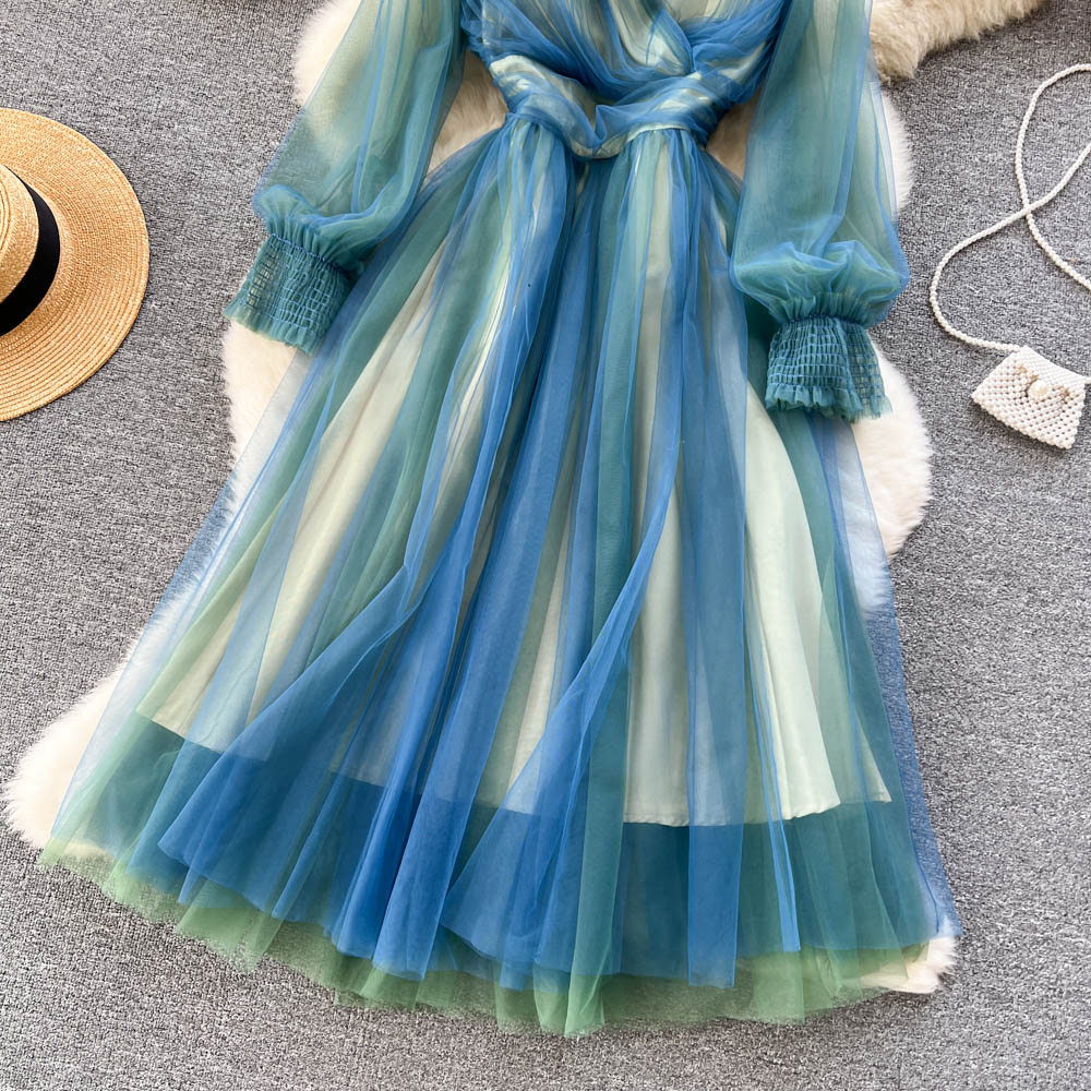 Casual Dresses Elegant Robes 2023 Spring Autumn French Vintage Long Dress Femme Fairy Mesh V-Neck Thin Puff Sleeve First Love Vestidos