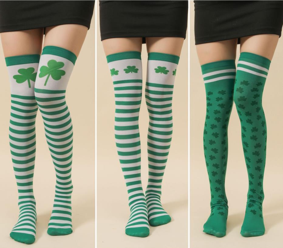 Bas verts irlandais, chaussettes à rayures trèfle, au-dessus des genoux, chaussettes à rayures pour fête de la saint-Patrick, ensemble de chaussettes en soie