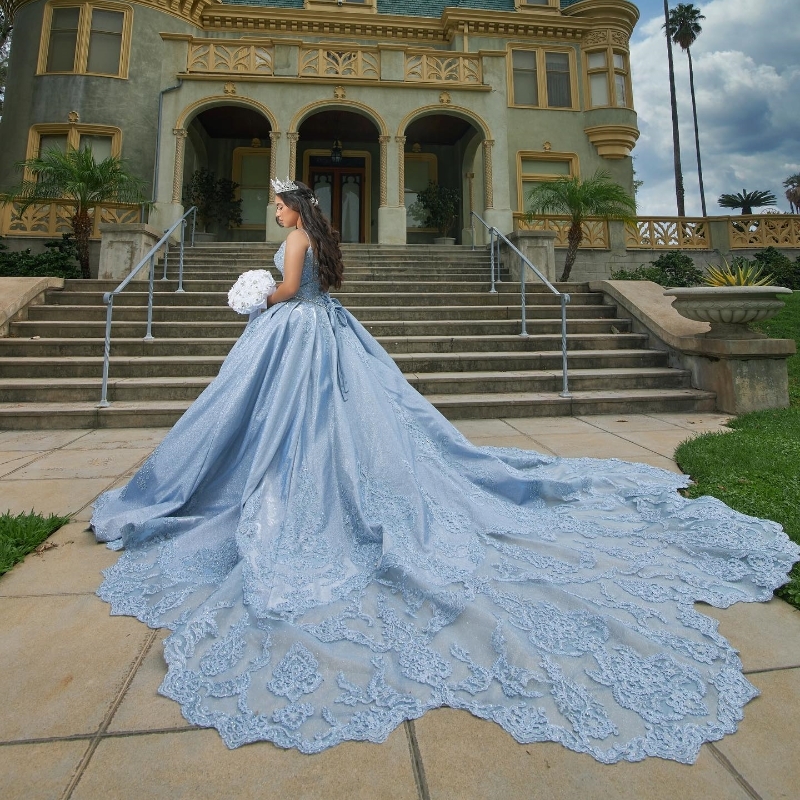 Sky Blue Quinceanera klänning 2024 Applices spetspärlor ärmlös tjej söt 15 16 födelsedag vestidos de fiestaday prinsessan tävling