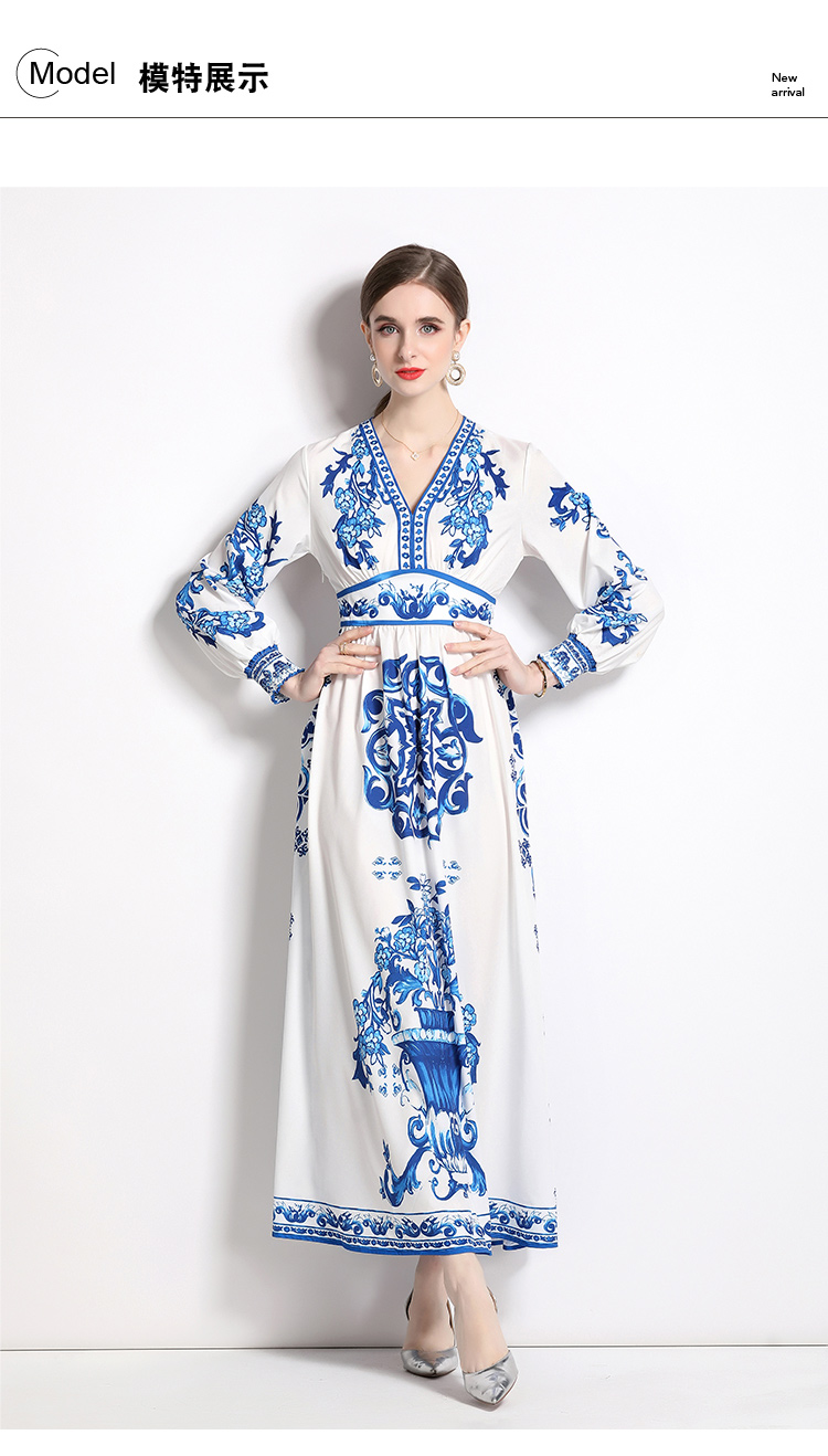 Sukienki swobodne 2023 Spring Summer Runway Blue and White Porcelain Print Dress Women Veck Długie Latarni Rękaw wysoki talia