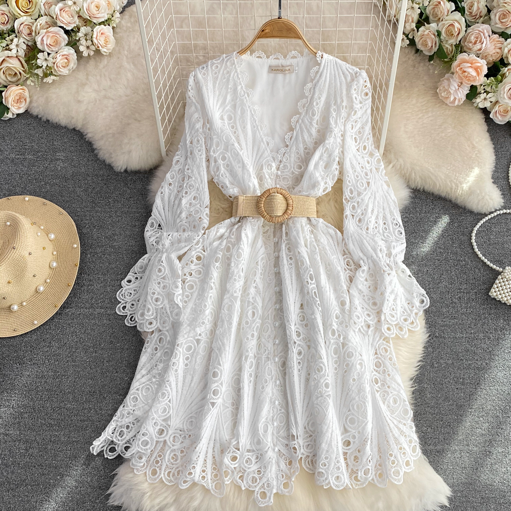 Casual Dresses Runway Spring Red Water Soluble Lace Mini Dress Luxury Vintage Women V Neck Hook Flower Embroidery Hollow Out Party Belt Vestido 2023