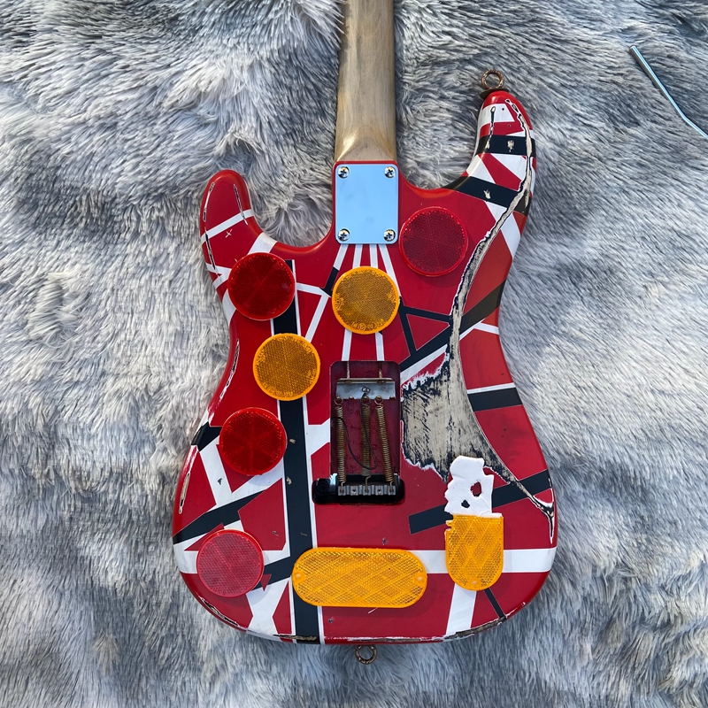 Guitare électrique Edward Eddie Van Halen Black White Stripe Red Heavy Relic Maple Neck, Floyd Rose Tremolo magnifique Frankenstein frankenstrat Tribute véritable réflecteur
