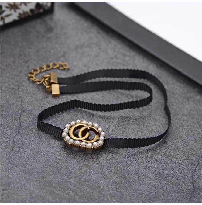 Pendant Necklaces Luxury jewelry designer alphabet black rope necklace imported simulation diamond pearl counter consistent brass material hot model