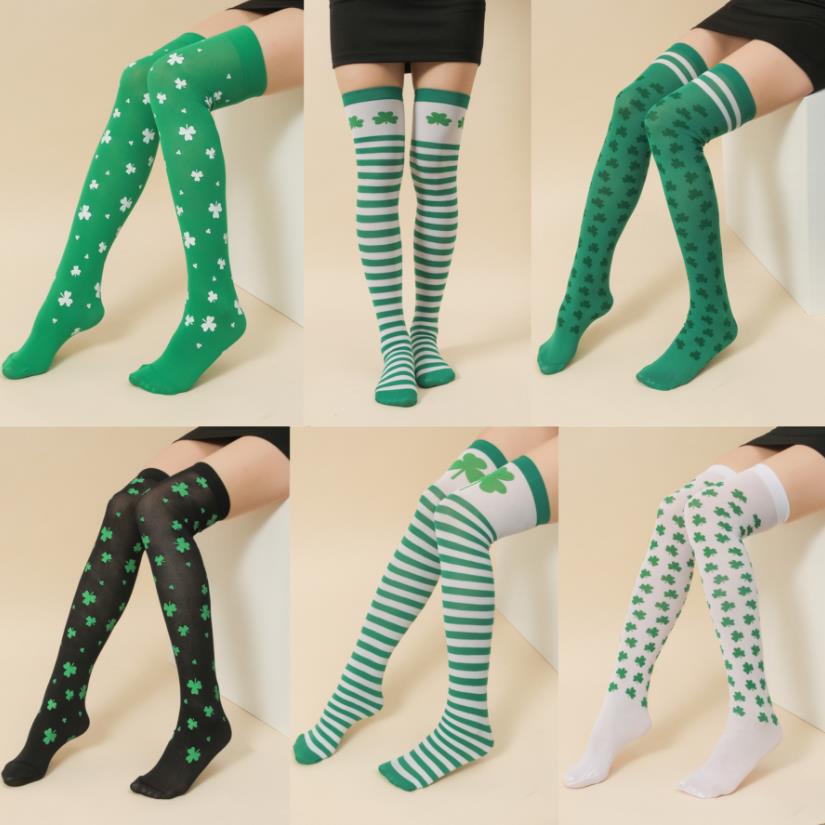 Bas verts irlandais, chaussettes à rayures trèfle, au-dessus des genoux, chaussettes à rayures pour fête de la saint-Patrick, ensemble de chaussettes en soie