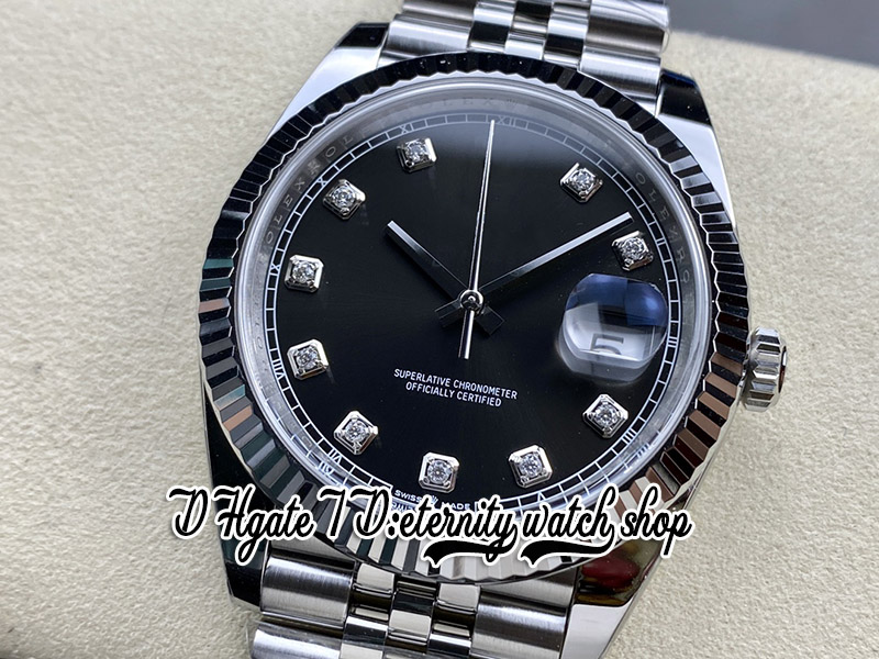 Clean CF cf126334 VR3235 Orologio da uomo automatico 41MM Lunetta scanalata Quadrante nero Marcatori di diamanti Moissanite 904L JubileeBracciale in acciaio Super Edition Orologi l'eternità