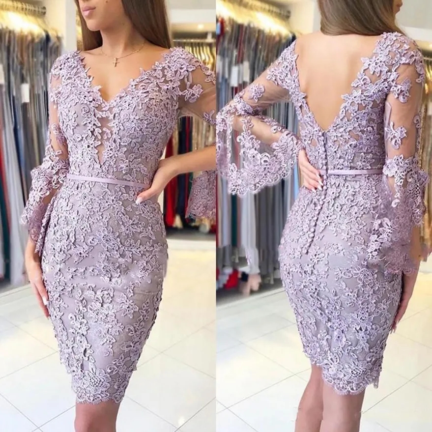 Último encantador vestido de fiesta corto lila apliques de encaje lavanda vestidos para madre de la novia vestidos de noche con escote en V de manga larga