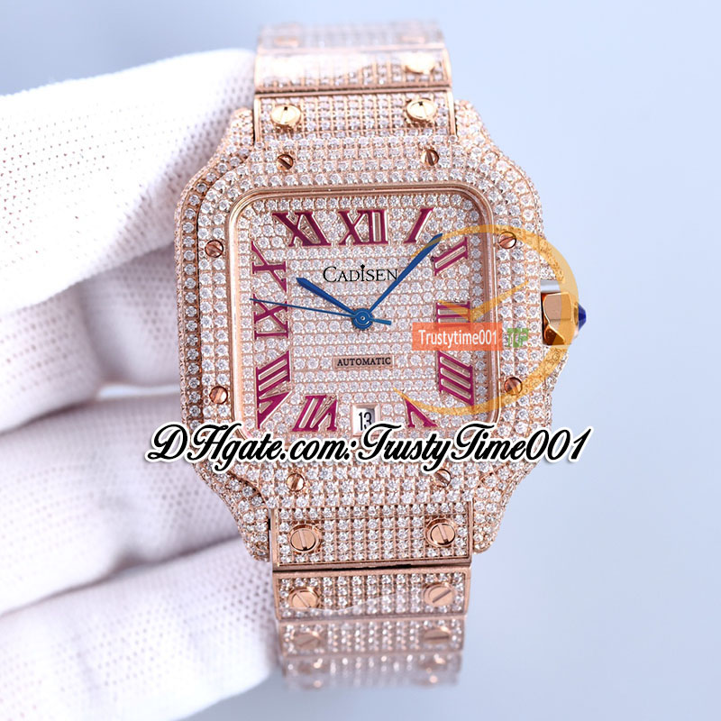 SF SFW0007 Paved Diamonds Japan Miyota automatisch herenhorloge Volledig Iced Out Diamond Rainbow Romeinse wijzerplaat Rose goud stalen armband sieraden Super trustytime001Watches