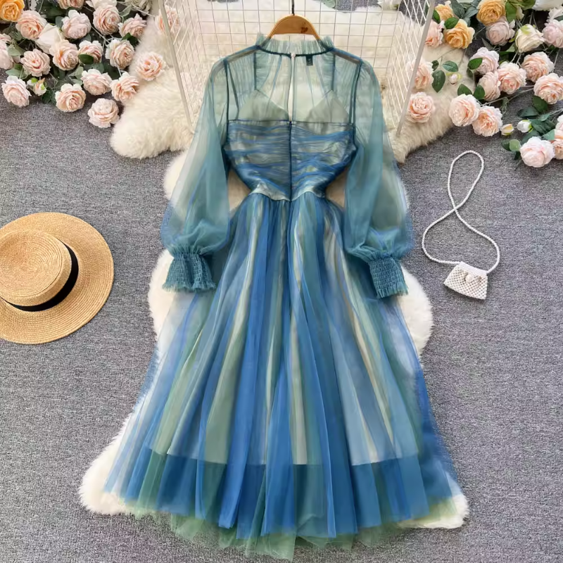 Casual Dresses Elegant Robes 2023 Spring Autumn French Vintage Long Dress Femme Fairy Mesh V-Neck Thin Puff Sleeve First Love Vestidos