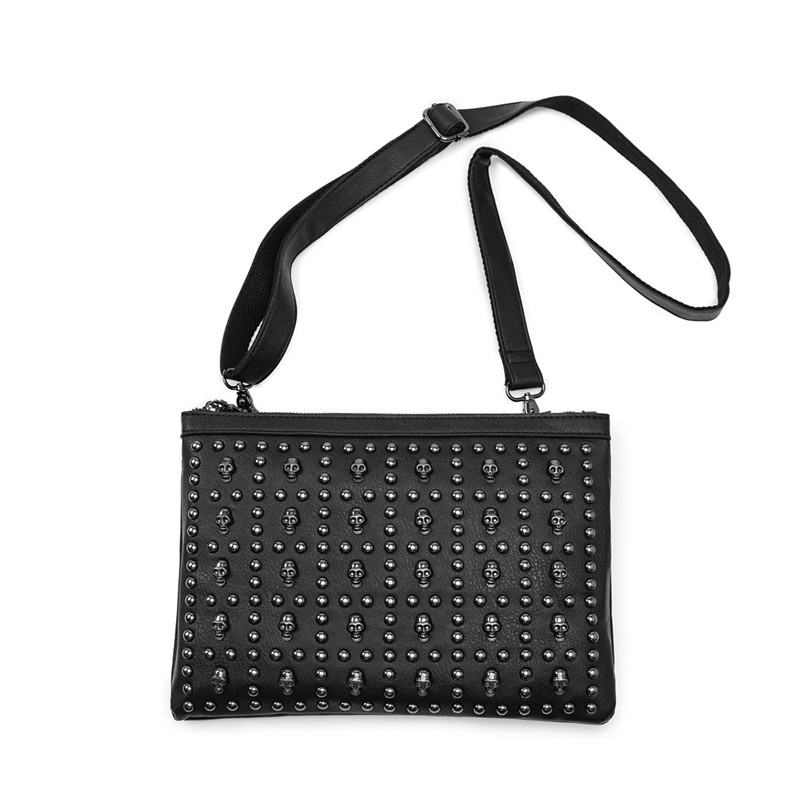 Mens Shoulder Bags Street Hipster Rivet Punk Envelope Bag Stor svart läder Business Handväska Årets populära Ghost Head Men ryggsäck 894#