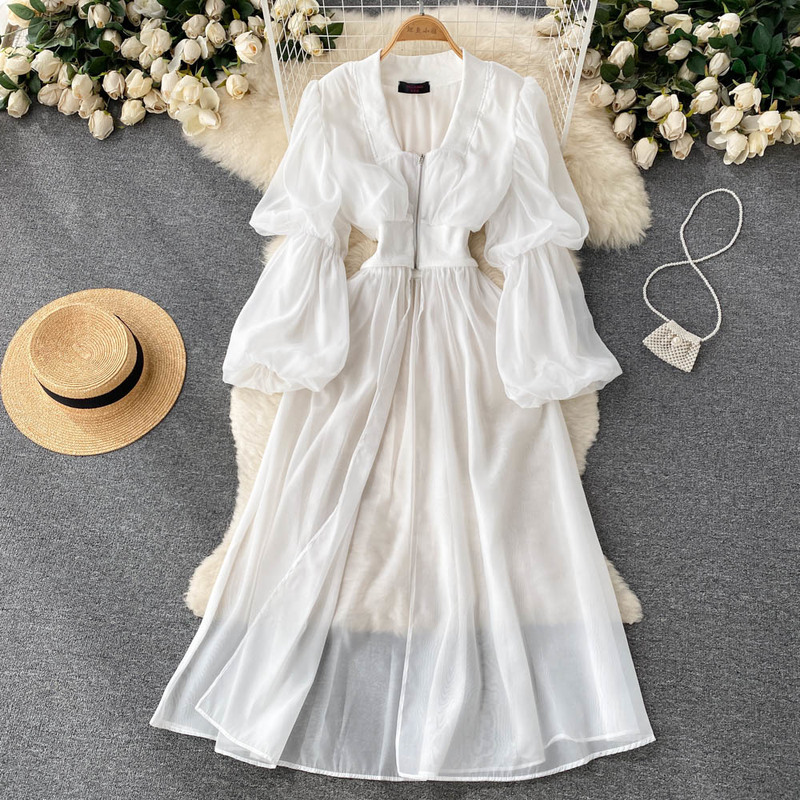 Casual Dresses Mesh Lantern Sleeves Long Slit Shirt Women High Waist Thin Fairy Chiffon Blouse Jacket French Design Sense Mujer Blusa 2023