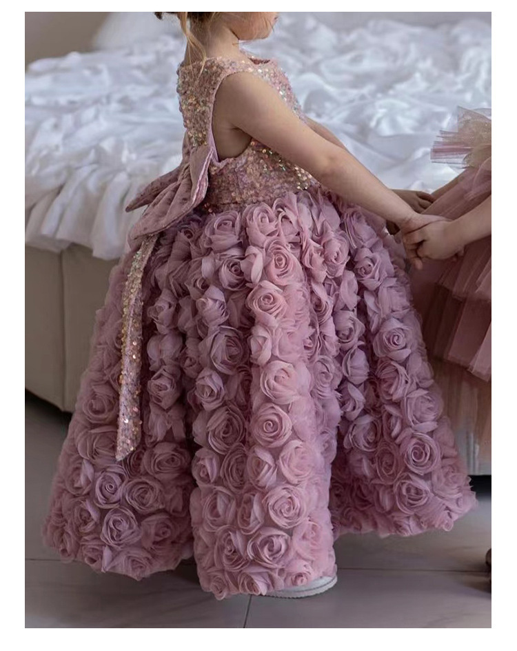 Filles paillettes gilet robes robe de bal enfants stéréo dentelle rose gros arcs robe de princesse enfants vêtements de fête d'anniversaire Z5431