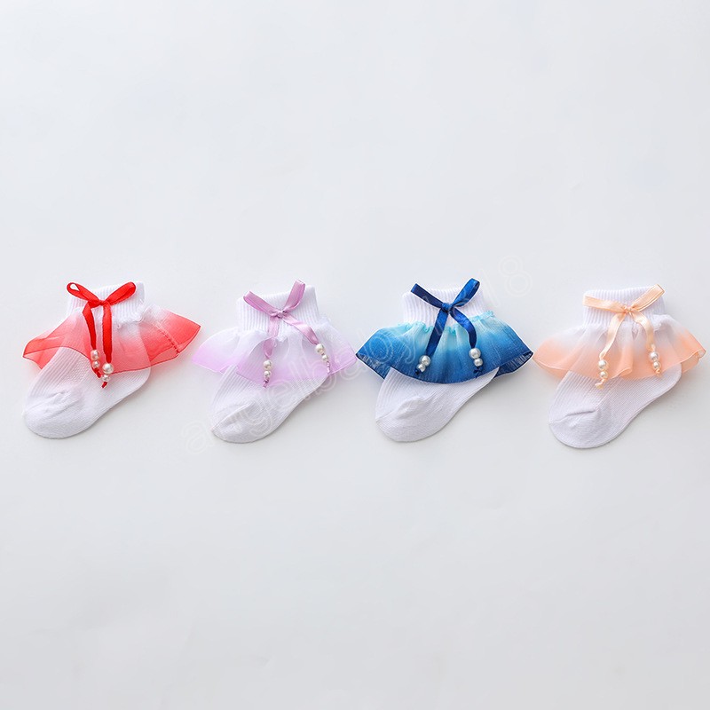 Cute Bow Pearl Baby Socks Cotton Lace Spring Autumn Toddler Sock Solid Color Princess Baby Girls Mid Tub Socks