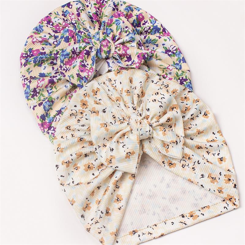 New Children Hats Spring Summer Newborn Floral Thread Printing Bow Tie Hat Baby Turban Kids Soft Cap Hair Accessories