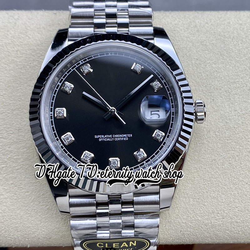 Clean CF cf126334 VR3235 Orologio da uomo automatico 41MM Lunetta scanalata Quadrante nero Marcatori di diamanti Moissanite 904L JubileeBracciale in acciaio Super Edition Orologi l'eternità