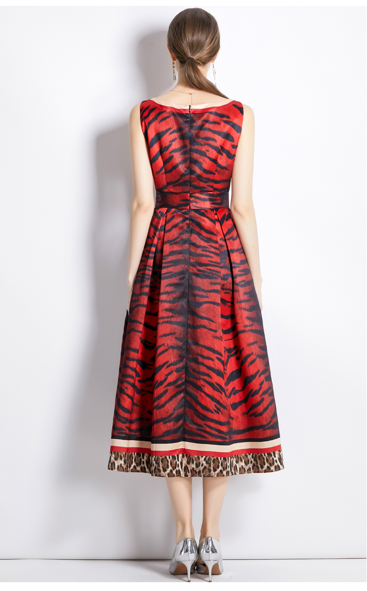 2023 robes décontractées Designer piste mode automne robe mi-longue Vintage femmes O cou rouge imprimé léopard sans manches gilet dames fête longues robes
