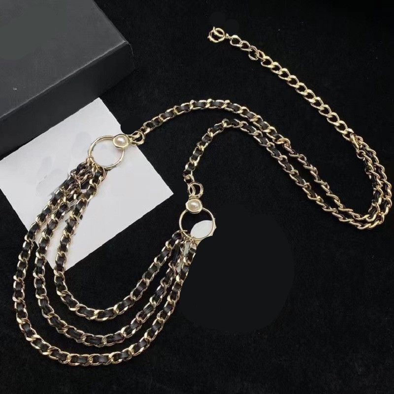 Pendant Necklaces European and American high-quality popular jewelry twist chain black sheepskin belt with half piece pearl multi-layer waist chain