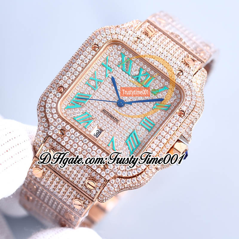 SF SFW0007 Paved Diamonds Japan Miyota Automatic Mens Watch Fully Iced Out Diamond Rainbow Roman Dial Rose Gold Steel Bracelet Jewelry Super trustytime001Watches