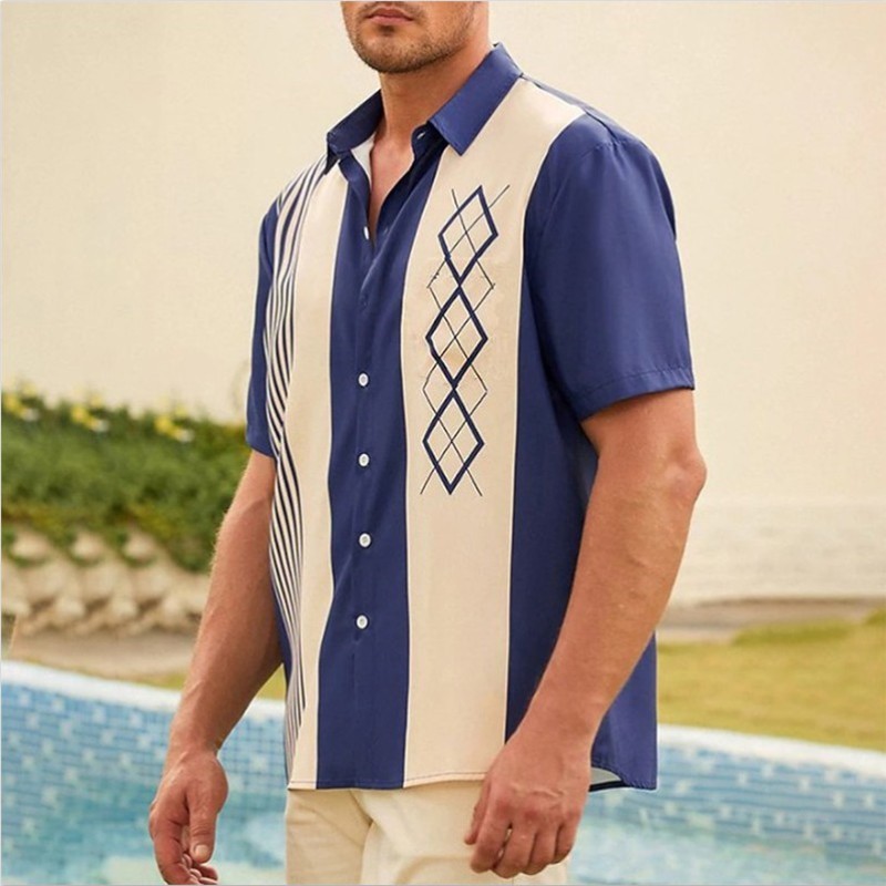 Summer new shirts men's striped patchwork color casual lapel streetwear short sleeve shirt top blouse