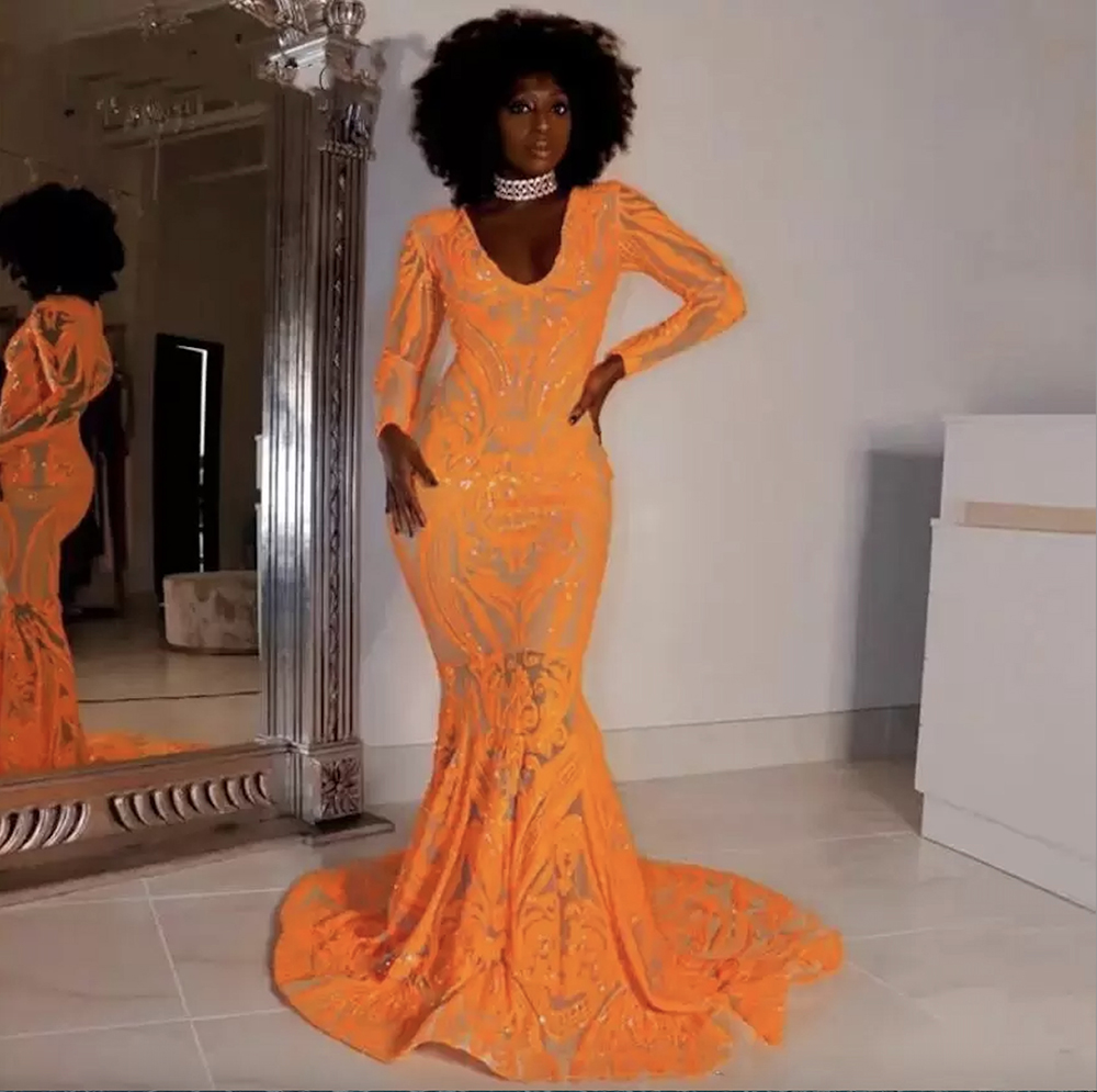 Orange Sparkling Sequins Mermaid Prom Dresses African Lace V Neck Long Sleeves Evening Gowns Sweep Train Formal Party Dress