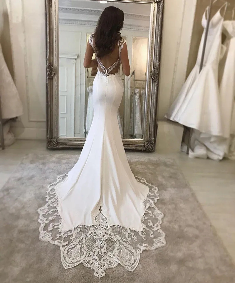 Abiti da sposa sexy a sirena con scollo a V abito da sposa in pizzo con applicazioni in raso Vestido de novie abiti da sposa treno taglie forti Robes de Mariee