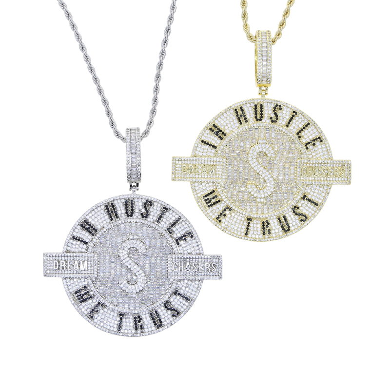 We Trust in Hustle Money Dollar Dream Chasers Letter Round Charm Pendant Necklace with Rope Chain Hip Hop Women Men Full Paved 5A Cubic Zirconia Boss Men Gift Jewelry