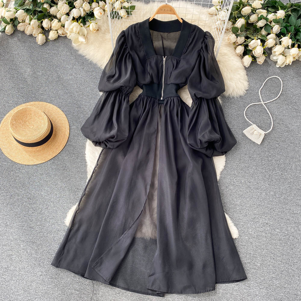 Casual Dresses Mesh Lantern Sleeves Long Slit Shirt Women High Waist Thin Fairy Chiffon Blouse Jacket French Design Sense Mujer Blusa 2023