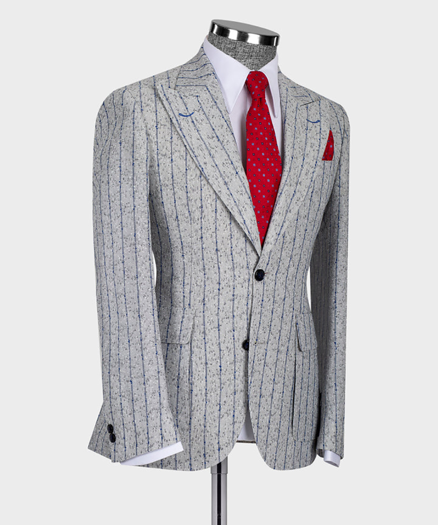 Light Gray Striped Groom Tuxedos Slim Fit Peaked Lapel Men Pants Suits Groomsmen Custom Made Wedding Coat 