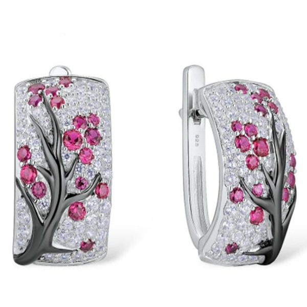 Цветочная рубиновая алмазная серьга 925 стерлинговые серебряные ювелирные изделия обручальные свадебные серьги для женщин свадебного обещания Бихоу