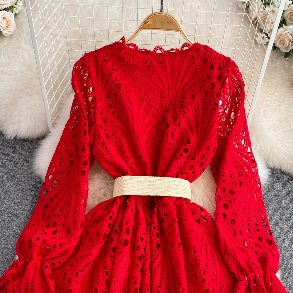 Casual Dresses Runway Spring Red Water Soluble Lace Mini Dress Luxury Vintage Women V Neck Hook Flower Embroidery Hollow Out Party Belt Vestido 2023