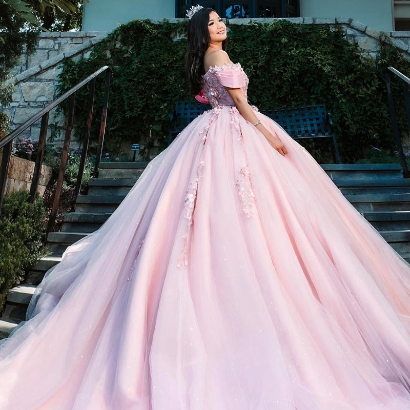 Rosa Schatz-Prinzessin-Quinceanera-Kleider, pfirsichfarben, schulterfrei, 3D-Blumenkristallperlen, Schnürkorsett, Abschlussball, süßes 16. Kleid für 15 Jahre