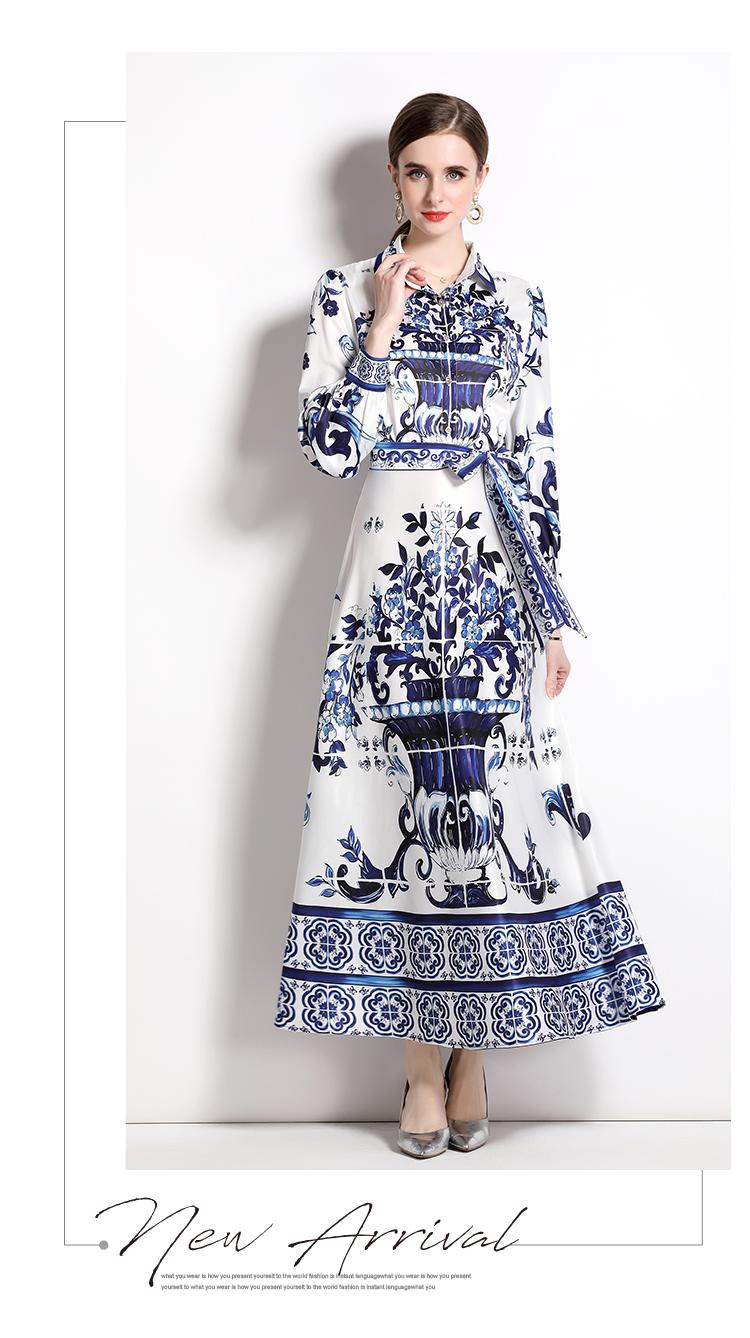 2023 sukienki swobodne pas startowy vintage niebiesko-biały porcelanowy nadruk do kostki sukienka damska lapel lampa elegancka elegancka szarfia maxi vestidos