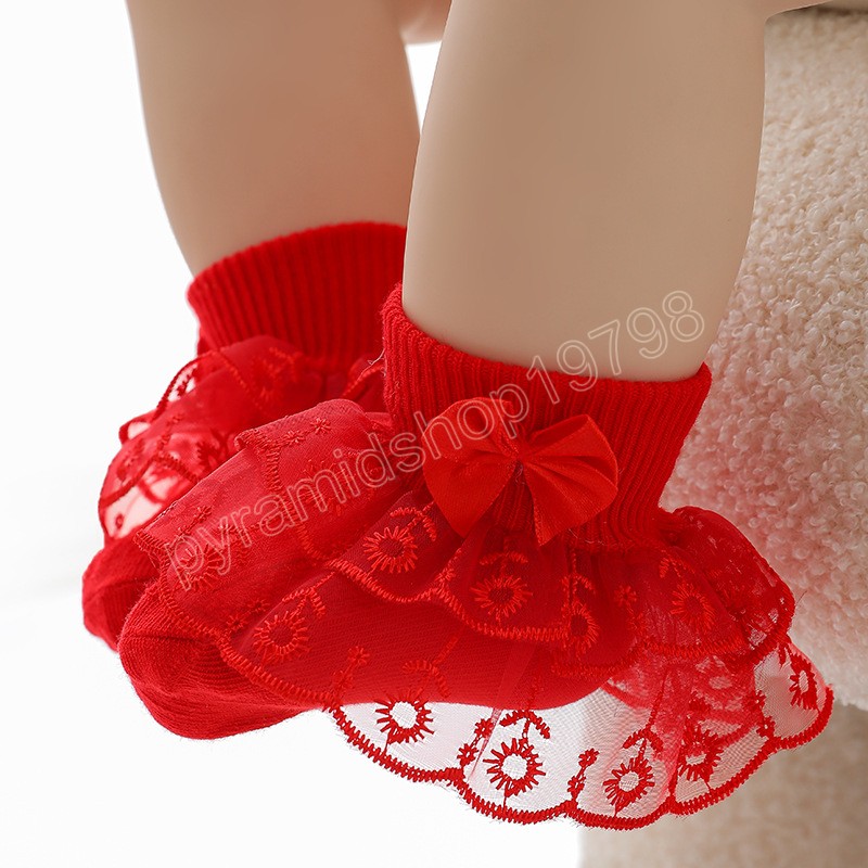 0-2Y neue Frühlings-Mädchen-Spitze-Bogen-Rüsche-Socken-Prinzessin Mesh-Kind-Knöchel-kurze Atmungsaktive Baumwolle Weiß Rosa Jungen Kleinkind