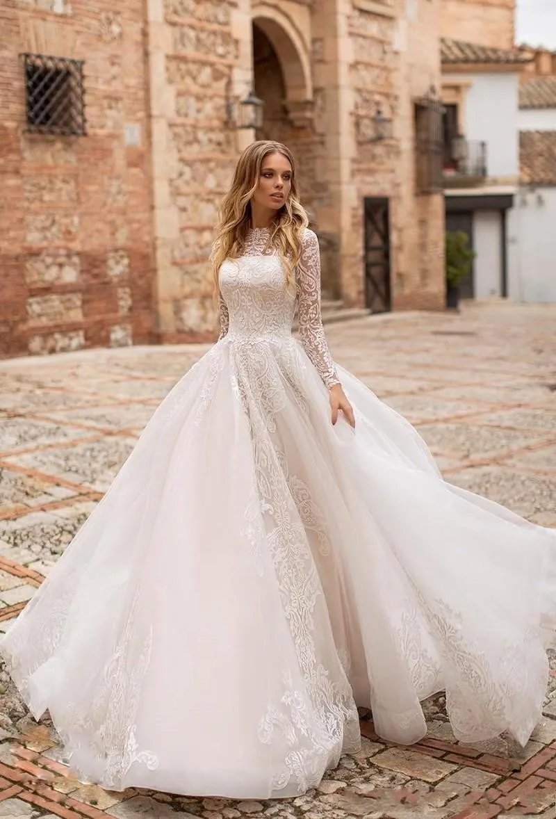 Принцесса с длинными рукавами свадебное платье трапециевидной формы из тюля свадебные платья часовня шлейф кружева аппликации дизайнерская коллекция платья на заказ
