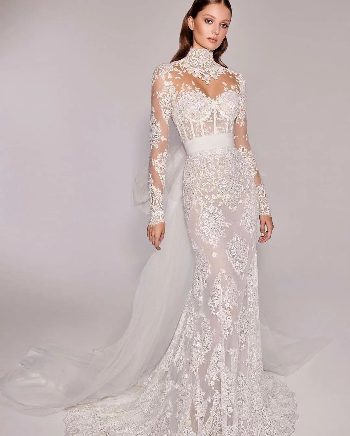 Свадебное платье принцессы с кружевной аппликацией и высоким воротом, иллюзия и длинный рукав, Vestido Novia, свадебные платья русалки