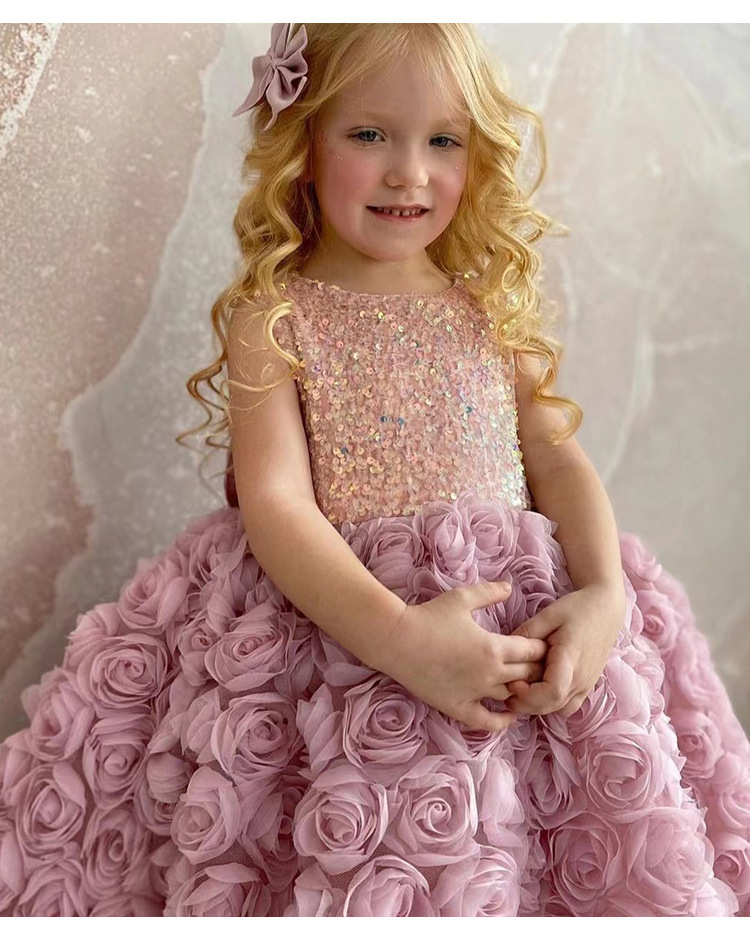 Abiti con gilet con paillettes ragazze Abito da ballo bambini stereo in pizzo rosa Grandi fiocchi abito da principessa vestiti feste di compleanno bambini Z5431