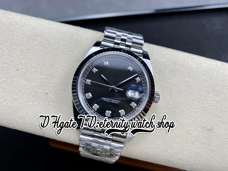 Clean CF cf126334 VR3235 Orologio da uomo automatico 41MM Lunetta scanalata Quadrante nero Marcatori di diamanti Moissanite 904L JubileeBracciale in acciaio Super Edition Orologi l'eternità